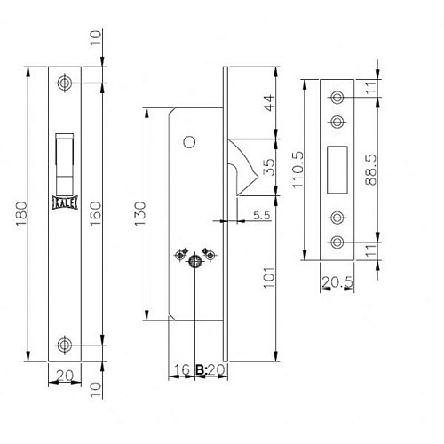 Механізм замка для розсувної системи KALE 201F (BS20мм) латунь - Фото №5