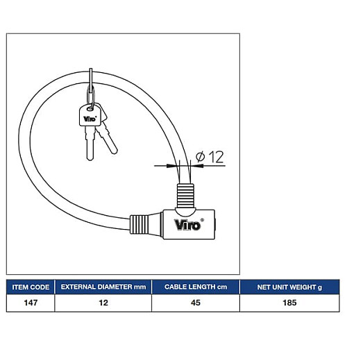 Велосипедный замок VIRO Moto Elba с тросом 45см 2 ключа - Фото №3