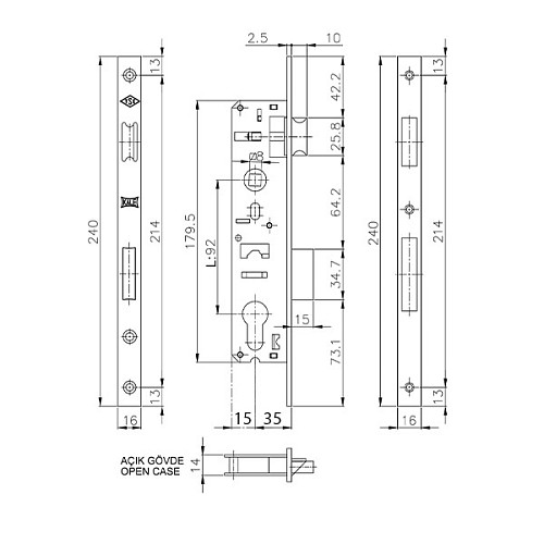 Механізм замка KALE 192 P-35 (16 mm) (BS35*92мм) хром - Фото №5