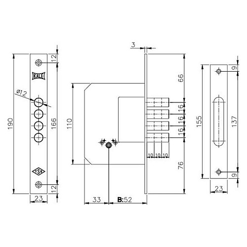 Механізм замка  KALE 189 4MF (BS52мм) латунь - Фото №2