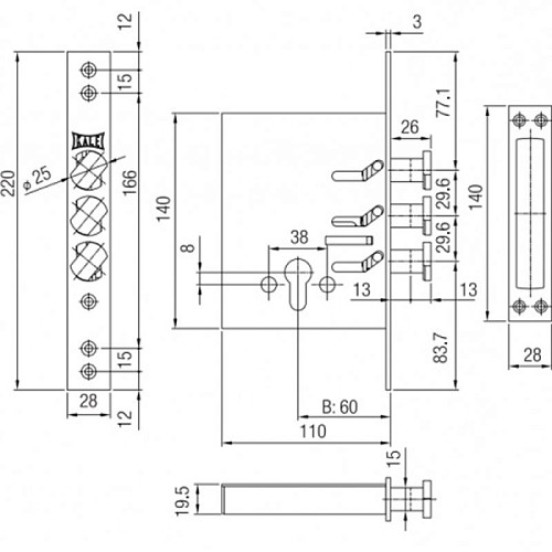 Механізм замка  KALE 287 D (BS60мм) хром - Фото №3