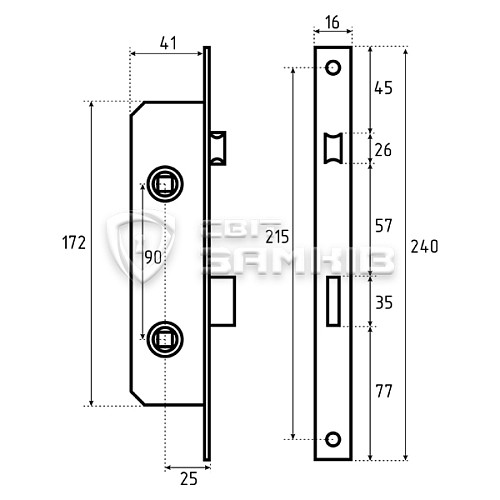 Механізм замка KALE 269 WC P-25 (16 mm) (BS25*90) хром - Фото №5