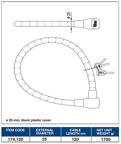 Замок для велосипеда VIRO Moto Serpis Plus з тросом 120см 3 ключа - Фото №2