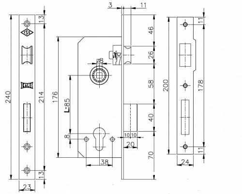 Механізм замка KALE 152-R (BS35*85мм) нікель - Фото №2