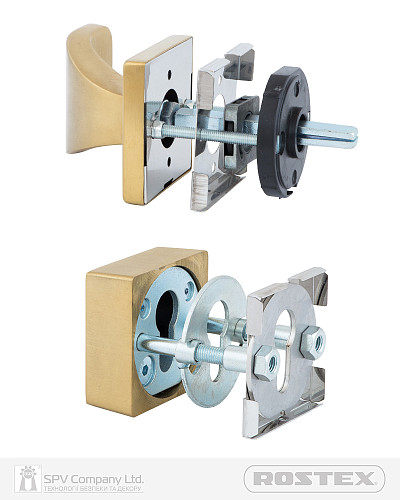 Ручки на розеті з протектором ROSTEX Quadrum фіксована-натискна нержавіюча сталь матова титан PVD - Фото №4