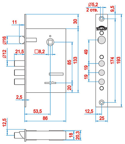 Механізм замка ЕЛЬБОР Rex 1.7 (BS53,5*85мм) (н) - Фото №3