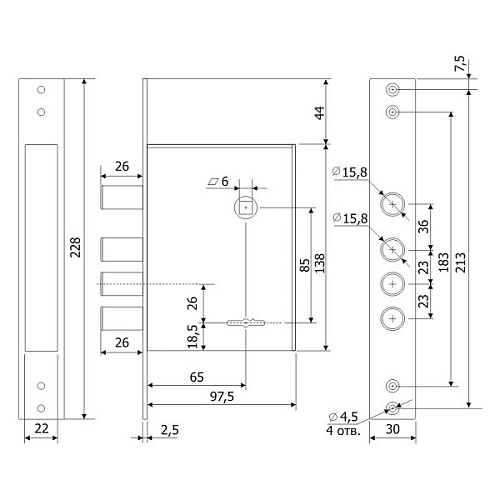 Механизм замка ГАРДИАН 30.04 (BS67,5мм) длинный ключ - Фото №5