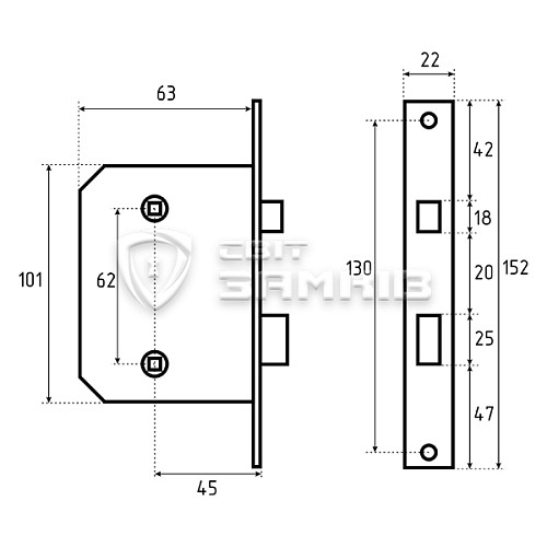 Механизм замка KALE 251 WC (BS44*62мм) латунь - Фото №5