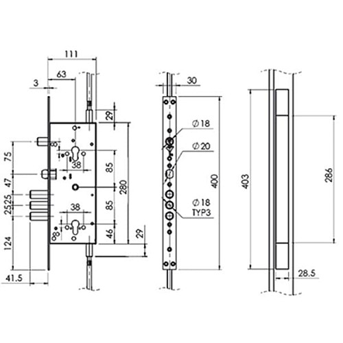 Механизм замка MUL-T-LOCK 415G двухсистемный (BS63 * 85мм) хром полированный без об.планки - Фото №5