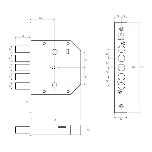 Механізм замка SHERLOCK 601 (BS66,5мм) 5 ключів - Фото №5