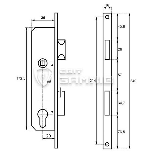 Механізм замка KALE 153 P-20 (16 mm) (BS20*85мм) хром - Фото №5