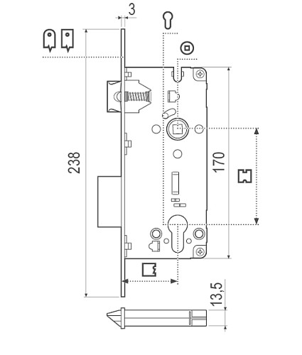 Механізм замка AGB Sicurezza PZ22 (BS50*85мм, 22мм) хром - Фото №2