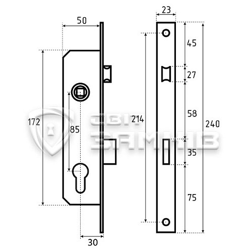 Механізм замка KALE 153 U-30 (23 mm) (BS30*85мм) хром - Фото №2