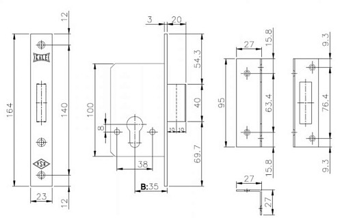Механизм замка KALE 157 (BS35мм) латунь - Фото №2