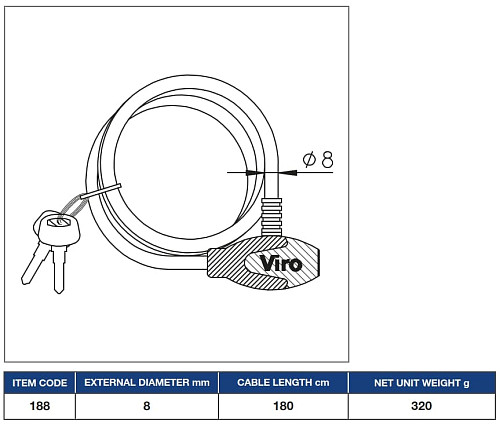 Замок для велосипеда VIRO Moto Hawaii сріблястий з тросом 180см 2 ключа - Фото №2