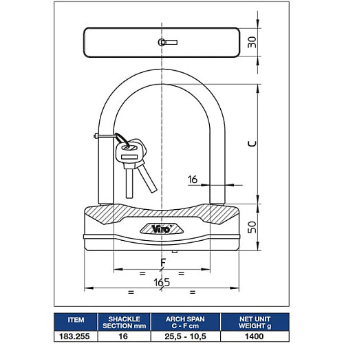 Замок для велосипеда VIRO Moto Sezione Black 255мм 2 ключа - Фото №11