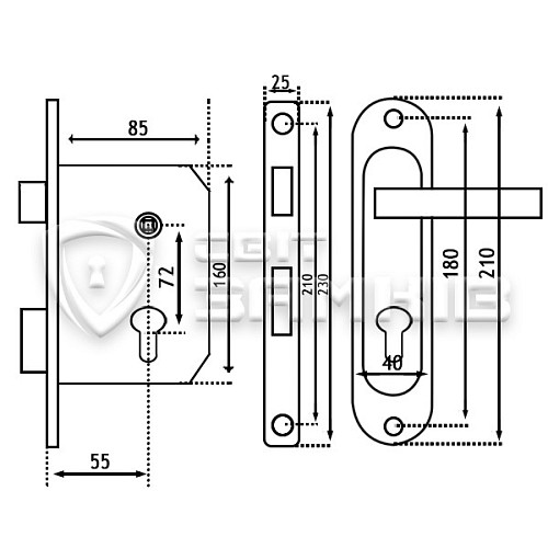 Комплект замка МОТОР-СИЧ ЗВ-7 (BS55*72мм) прямая ручка - Фото №3