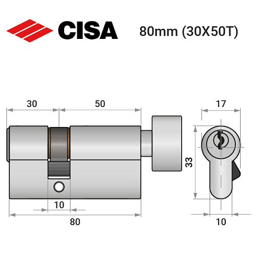 Циліндр CISA C2000 80T (30*50T) нікель матовий 3 ключі - Фото №10