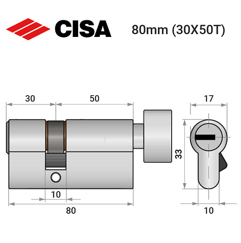 Циліндр CISA ASIX P8 80T (30*50T) нікель матовий 3 ключі - Фото №9