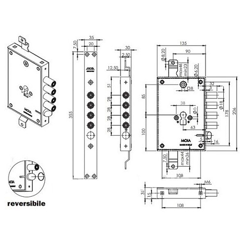 Механизм замка MOIA E754/280DF (BS63*85мм) стандартный без блокировки - Фото №3