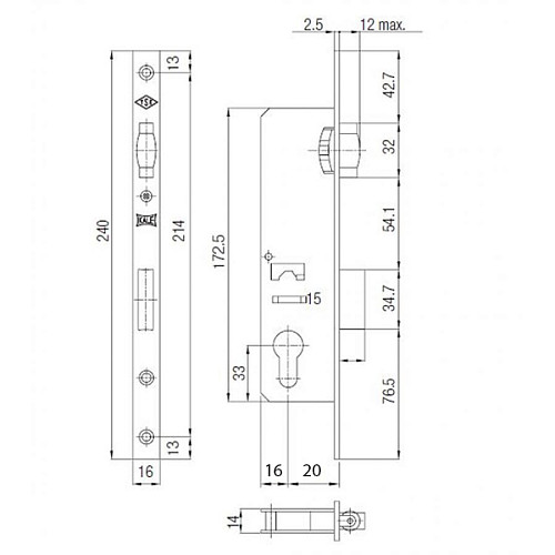 Механизм замка KALE 155 P-20 (16 mm) (BS20мм) хром - Фото №5