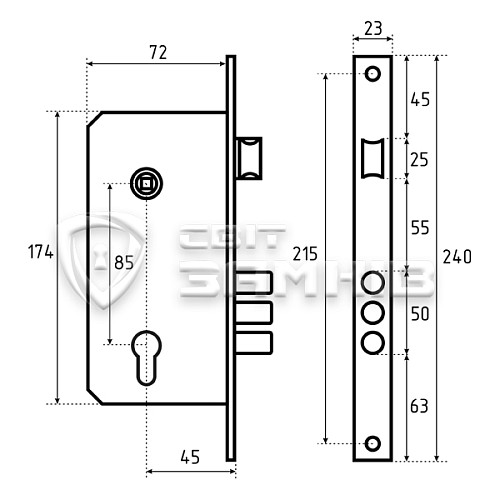 Механізм замка KALE 152-3MR (BS45*85мм) нікель - Фото №5