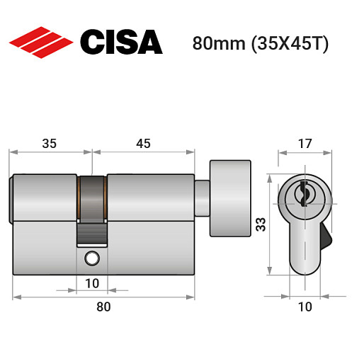 Циліндр CISA C2000 80T (35*45T) нікель матовий 3 ключі - Фото №10
