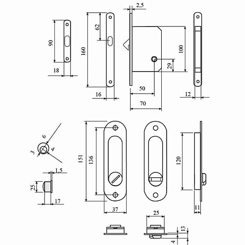 Комплект замка для розсувної системи RDA (овальна ручка SL-155 + замок RDA 4120) полірована латунь - Фото №2