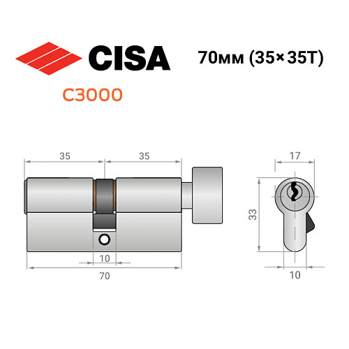 Цилиндр CISA C3000 70T (35*35T) никель матовый - Фото №13