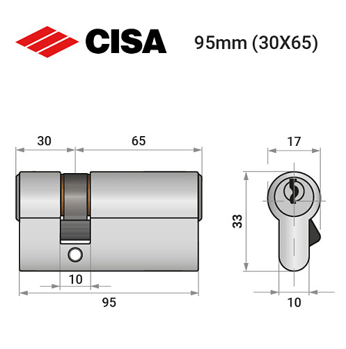 Циліндр CISA C2000 95 (30*65) нікель матовий 3 ключі - Фото №8
