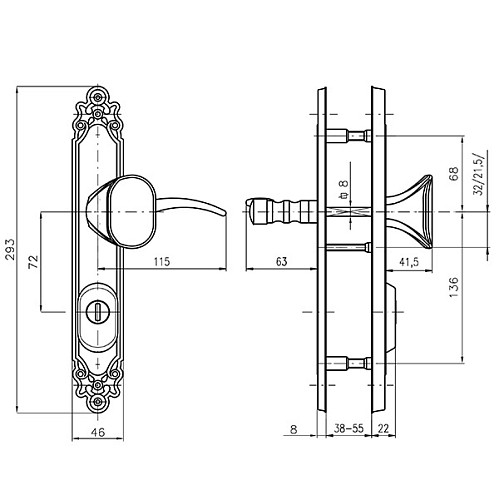 Ручки на планке с протектором ROSTEX Ozdobna R 72мм (40-45мм) фиксированная-нажимная хром матовый (правая) - Фото №7