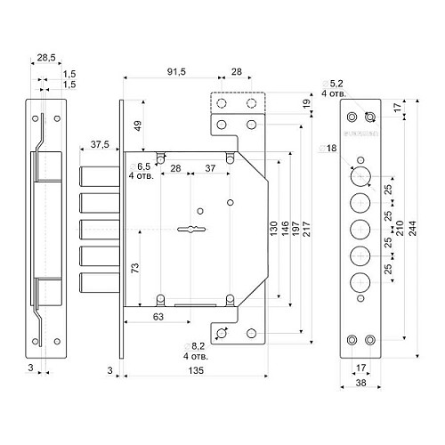 Механизм замка ГАРДИАН 20.01 Т (BS66мм) длинный ключ - Фото №5