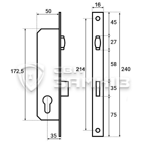 Механізм замка KALE 155 P-35 (16 mm) (BS35мм) хром - Фото №5