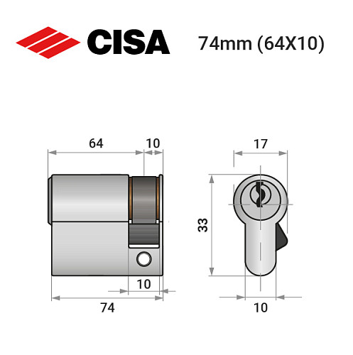 Циліндр половинка CISA C2000 74 (64*10) нікель матовий 3 ключі - Фото №12